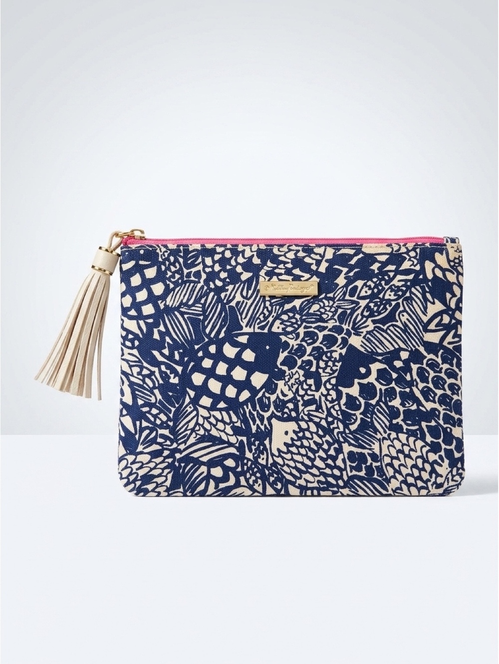 Lilly Pulitzer Blue and Beige Patterned Canvas Tassel Clutch